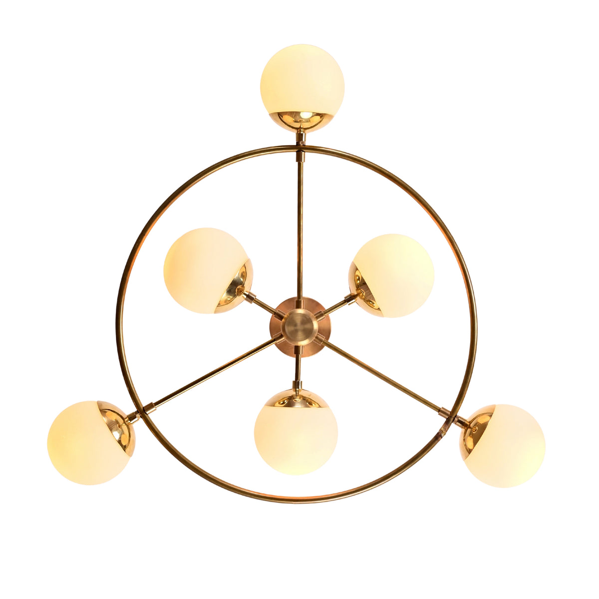 Top angle view of Aria Orbit Globe Chandelier showing round frame, radial arms, and six globe lights.
