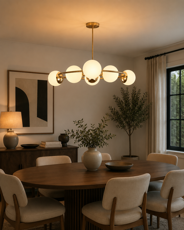 Aria Orbit Globe Chandelier above dining table in modern room with warm ambient lighting and globe shades.