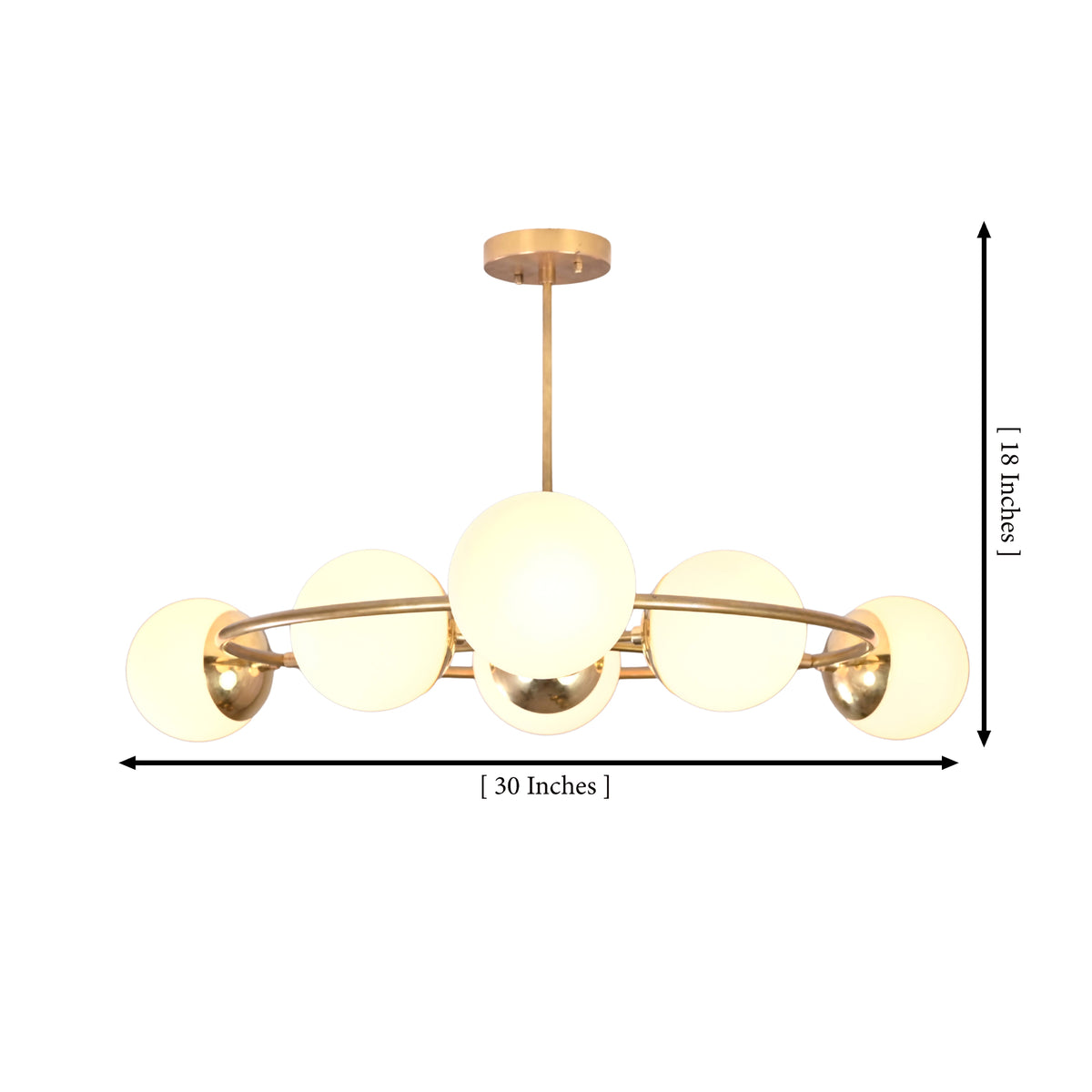 Dimension image of Aria Orbit Globe Chandelier showing 30 inch width and 18 inch overall height.