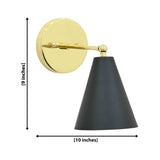 Aspen black and brass single-light wall sconce dimension diagram showing 10-inch width and 9-inch height with tapered metal cone shade.