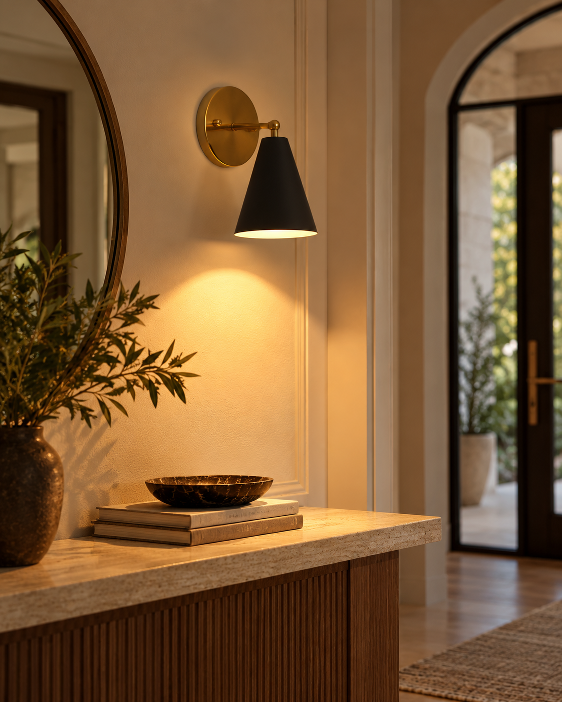 Aspen single-light black cone wall sconce casting warm downward light above a wooden entryway console with stone countertop, decorative vase, and arched doorway.
