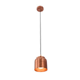 Angled view of Aspen copper cylinder pendant light with handcrafted copper shade and warm ambient illumination.