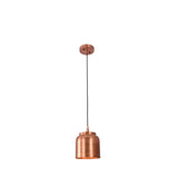 Front view of Aspen copper cylinder pendant light featuring a handcrafted cylindrical metal shade with adjustable black cord suspension.
