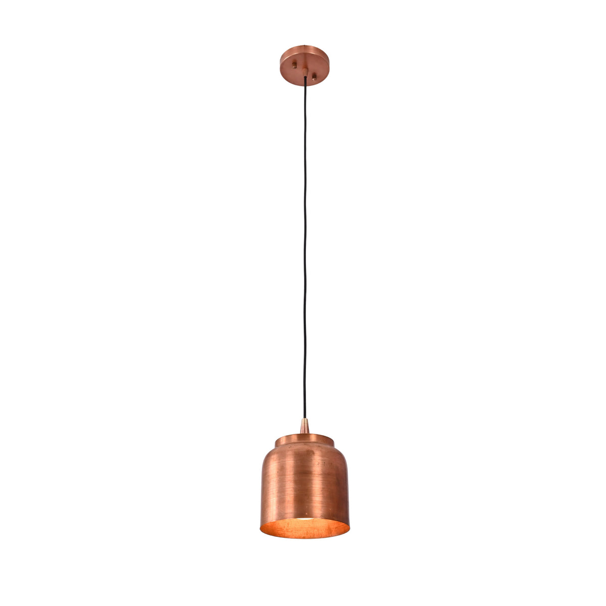 Illuminated front view of Aspen copper cylinder pendant light showcasing a handcrafted copper shade with warm downward lighting.