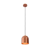 Illuminated front view of Aspen copper cylinder pendant light showcasing a handcrafted copper shade with warm downward lighting.