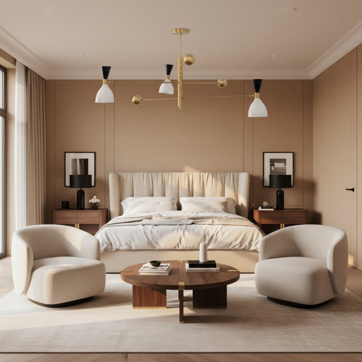 Aspen 6 light Mid-Century Modern chandelier shown from an alternate view highlighting its sculptural brass-tone arms and two-tone cone shades.