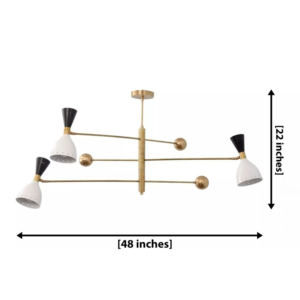 Aspen 6 light counterbalance cone chandelier dimension view showing 48 inch width and 22 inch overall height.