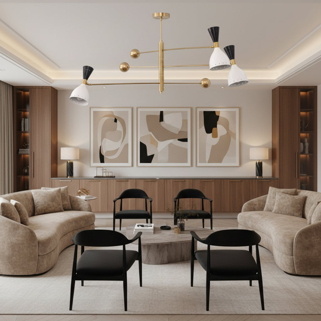 Aspen 6 light counterbalance chandelier shown from the front with white and black cone shades, brass-tone arms, and spherical accents.