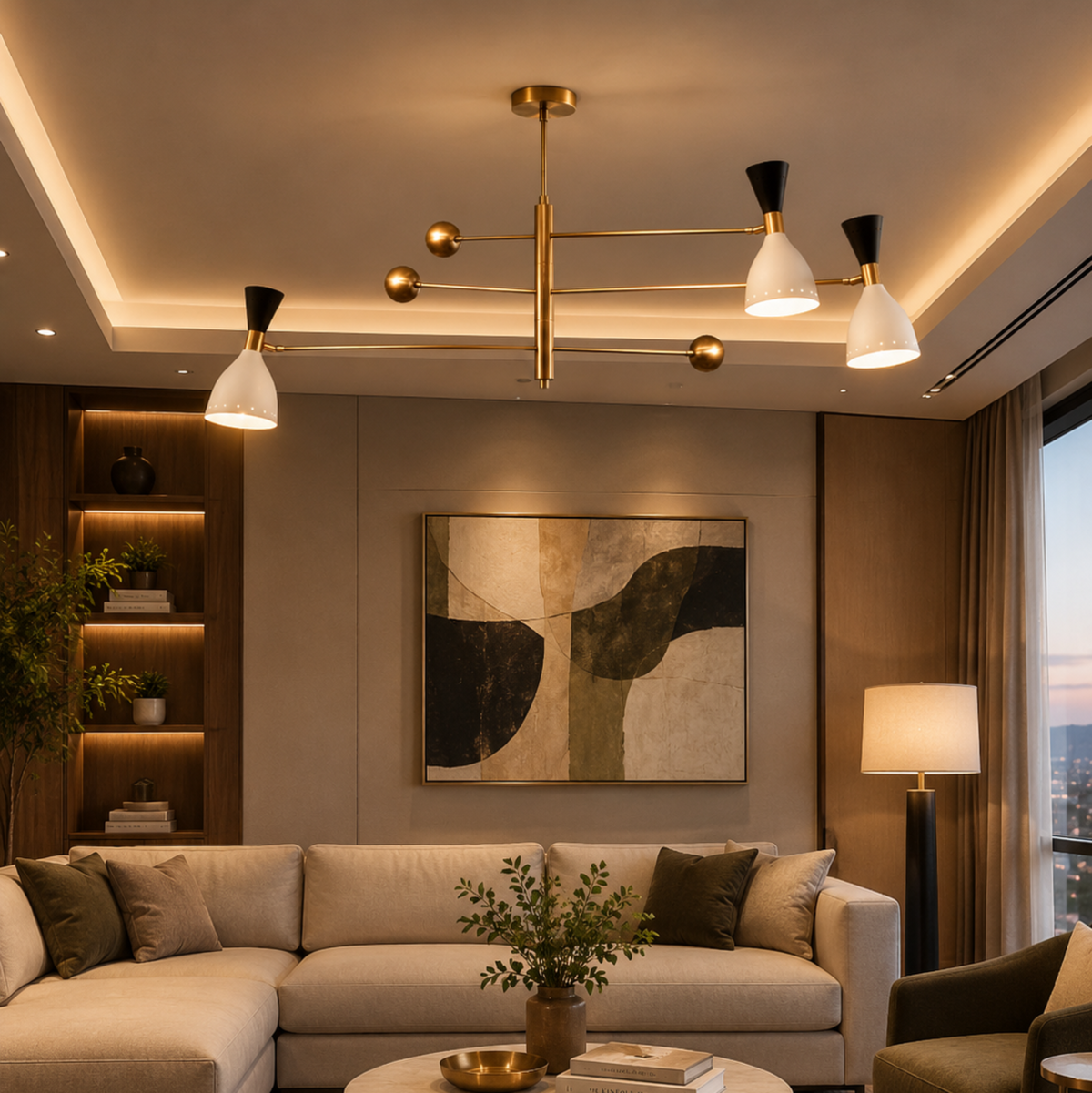 Aspen 6 light black and white cone chandelier illuminated in a sophisticated contemporary living room with warm ambient lighting.