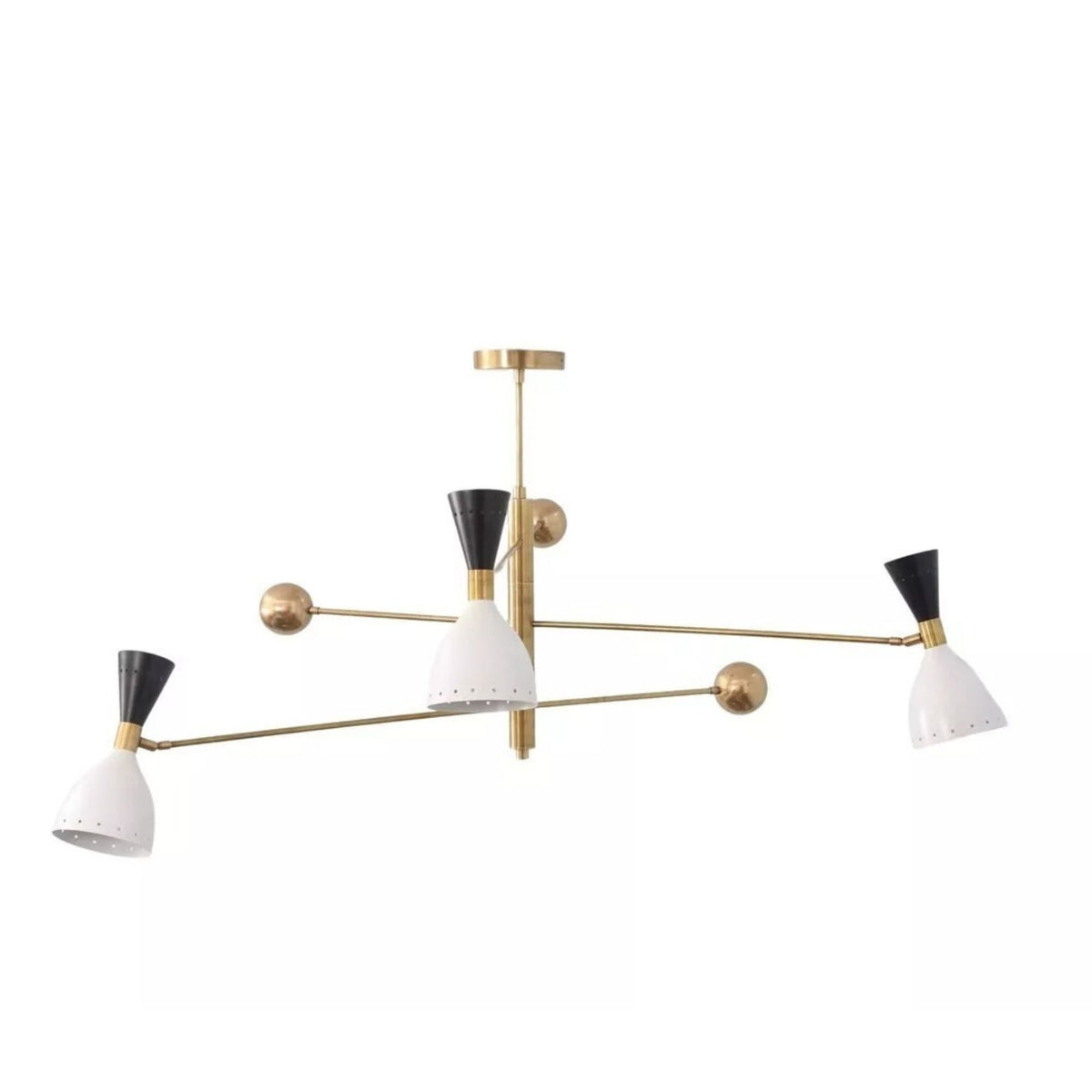 Aspen 6 light sculptural chandelier shown from a side angle highlighting its elongated brass-tone arms, cone shades, and balanced geometric form.