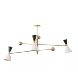 Aspen 6 light sculptural chandelier shown from a side angle highlighting its elongated brass-tone arms, cone shades, and balanced geometric form.