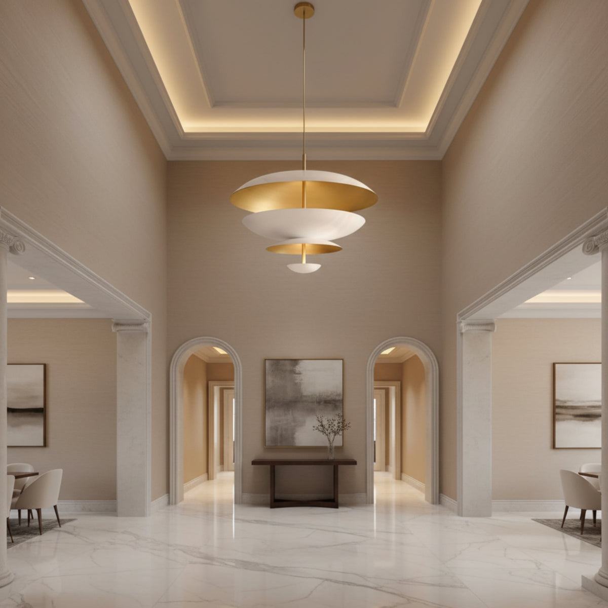 Athens 8 light layered chandelier shown from an angled view with sculptural dome shades and contrasting brass accents.