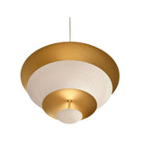 Athens 8 light chandelier shown from below highlighting the layered circular shades and warm brass interior detailing.