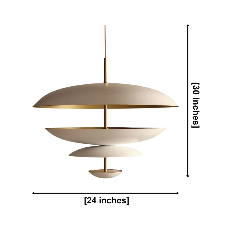 Athens 8 light sculptural layered disc chandelier shown in a full product view with ivory shades and brass suspension stem.