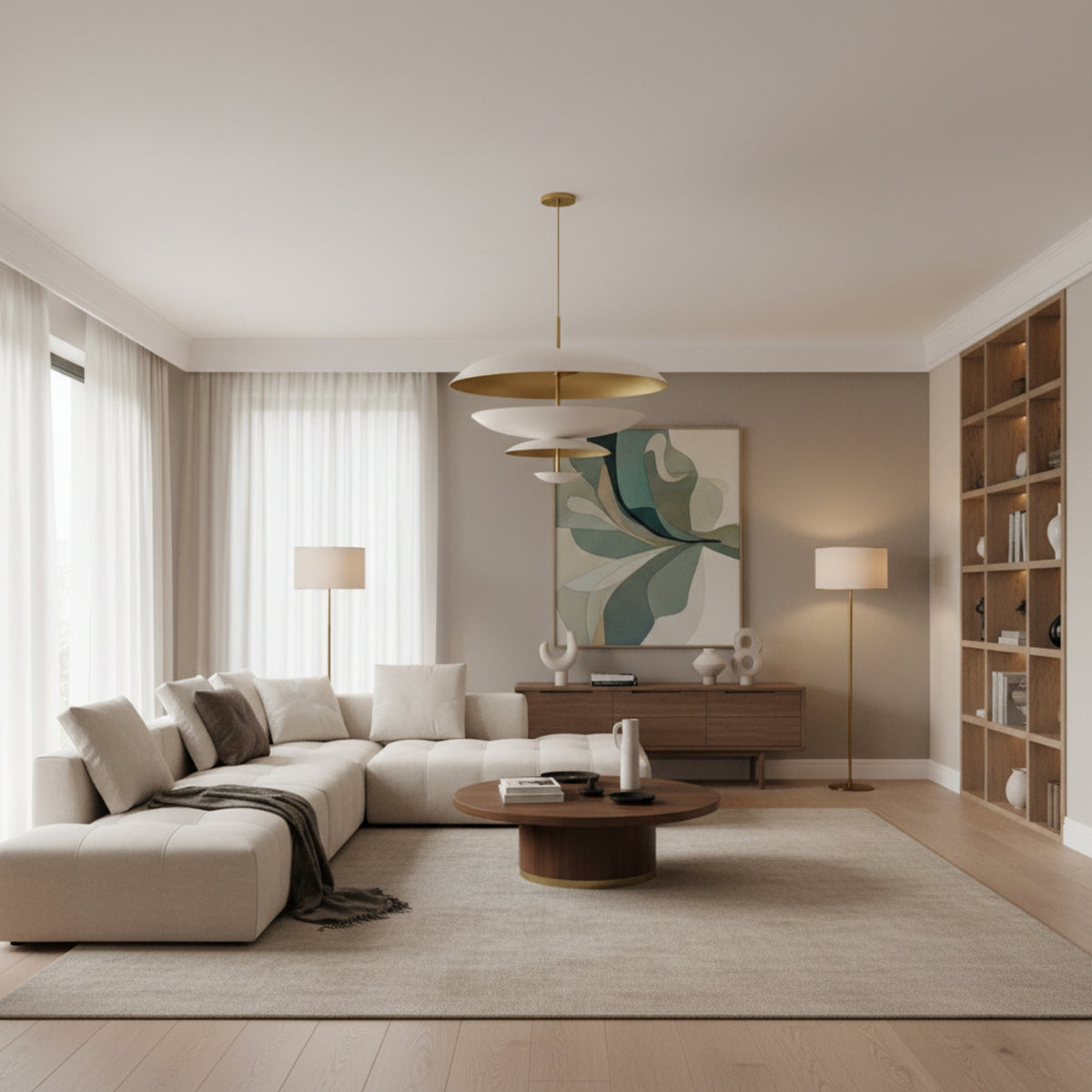 Athens 8 light layered disc chandelier shown from the front with sculptural ivory shades and elegant brass accents.