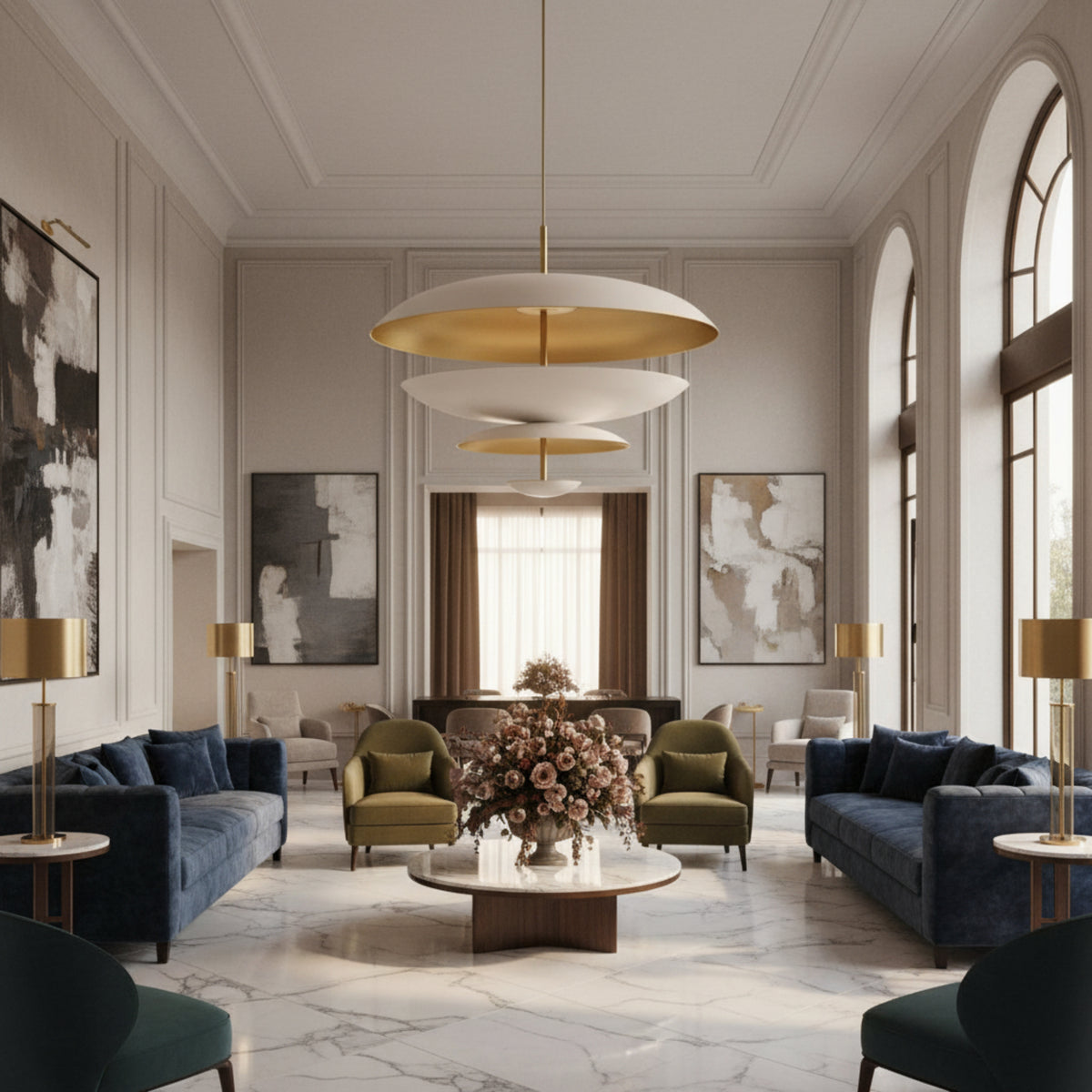 Athens 8 light sculptural layered disc chandelier shown in a full product view with ivory shades and brass suspension stem.