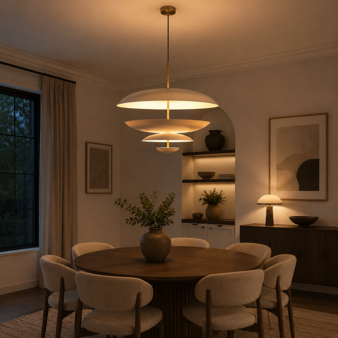 Athens 8 light sculptural layered disc chandelier shown in a full product view with ivory shades and brass suspension stem.