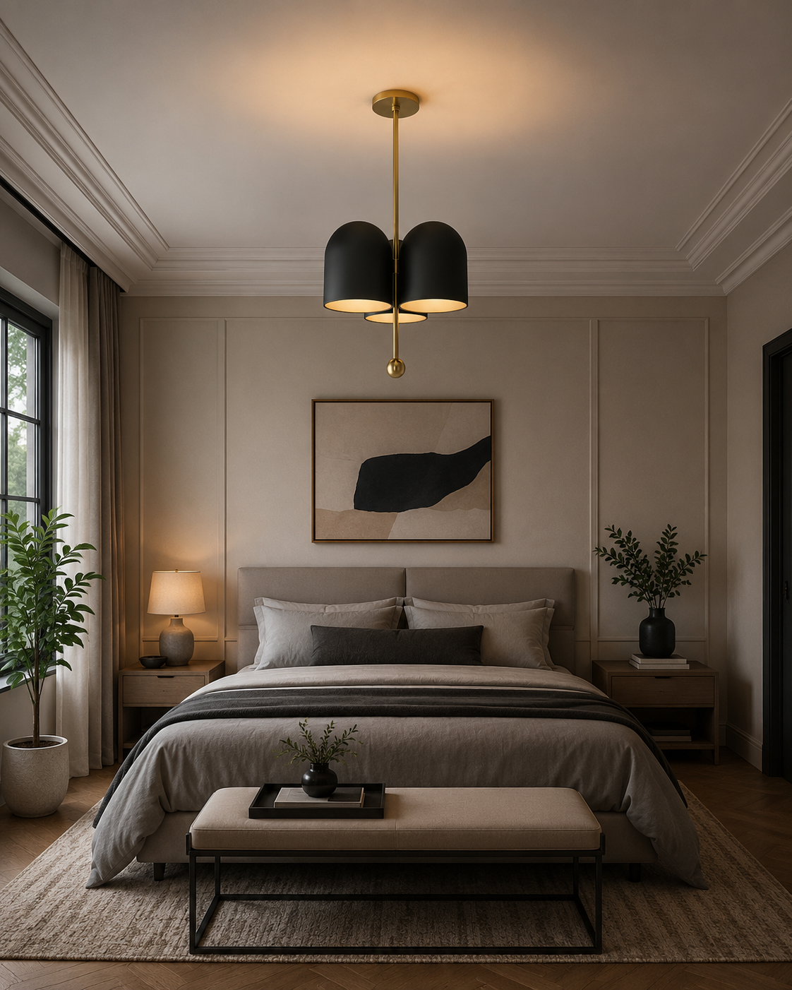 Athens 3 light black and brass-tone sculptural chandelier installed in an elegant contemporary bedroom with warm ambient lighting.