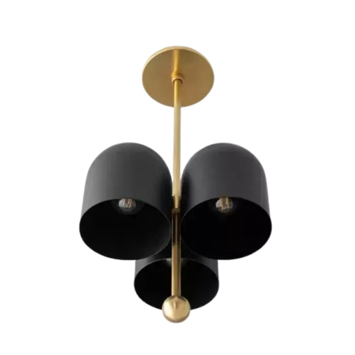 Athens 3 light black sculptural cluster chandelier with brass-tone vertical frame shown from a front bottom view with visible bulbs.