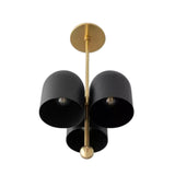 Athens 3 light black sculptural cluster chandelier with brass-tone vertical frame shown from a front bottom view with visible bulbs.