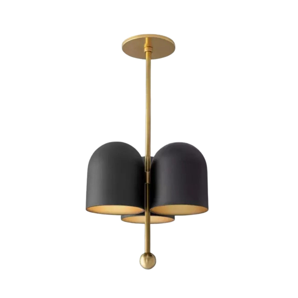 Athens 3 light black rounded shade chandelier with brass-tone stem and round ceiling canopy shown from the front.