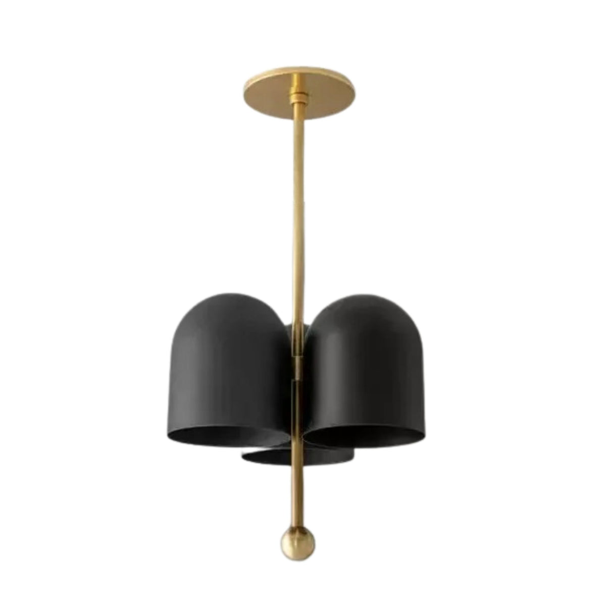 Athens 3 light black metal cluster chandelier with rounded cylindrical shades and brass-tone vertical frame shown unlit.