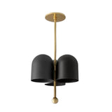 Athens 3 light black metal cluster chandelier with rounded cylindrical shades and brass-tone vertical frame shown unlit.