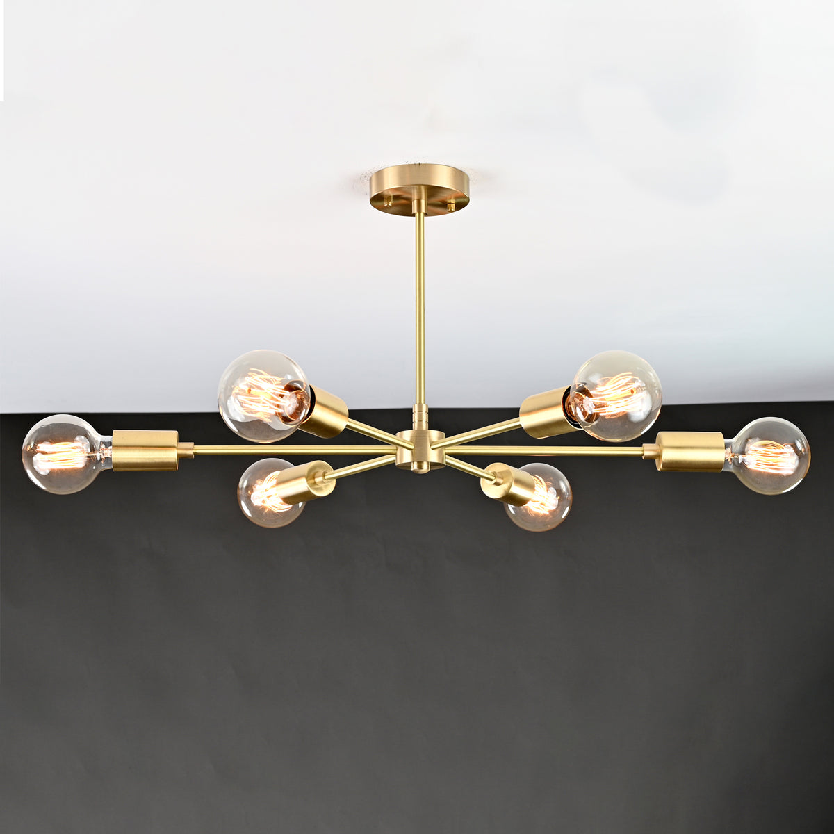 Athens Sputnik six-light semi-flush ceiling fixture with radial arms, exposed bulbs, and sleek modern profile.