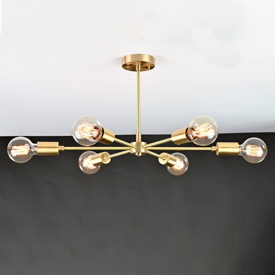 Athens Sputnik semi-flush chandelier installed in a warm living room, creating ambient Mid-Century Modern lighting.