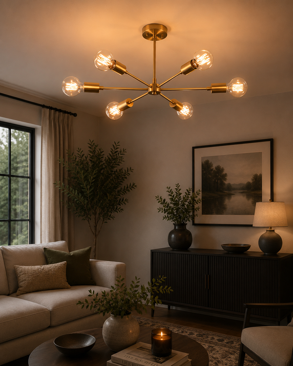 Athens Sputnik semi-flush chandelier installed in a warm living room, creating ambient Mid-Century Modern lighting.