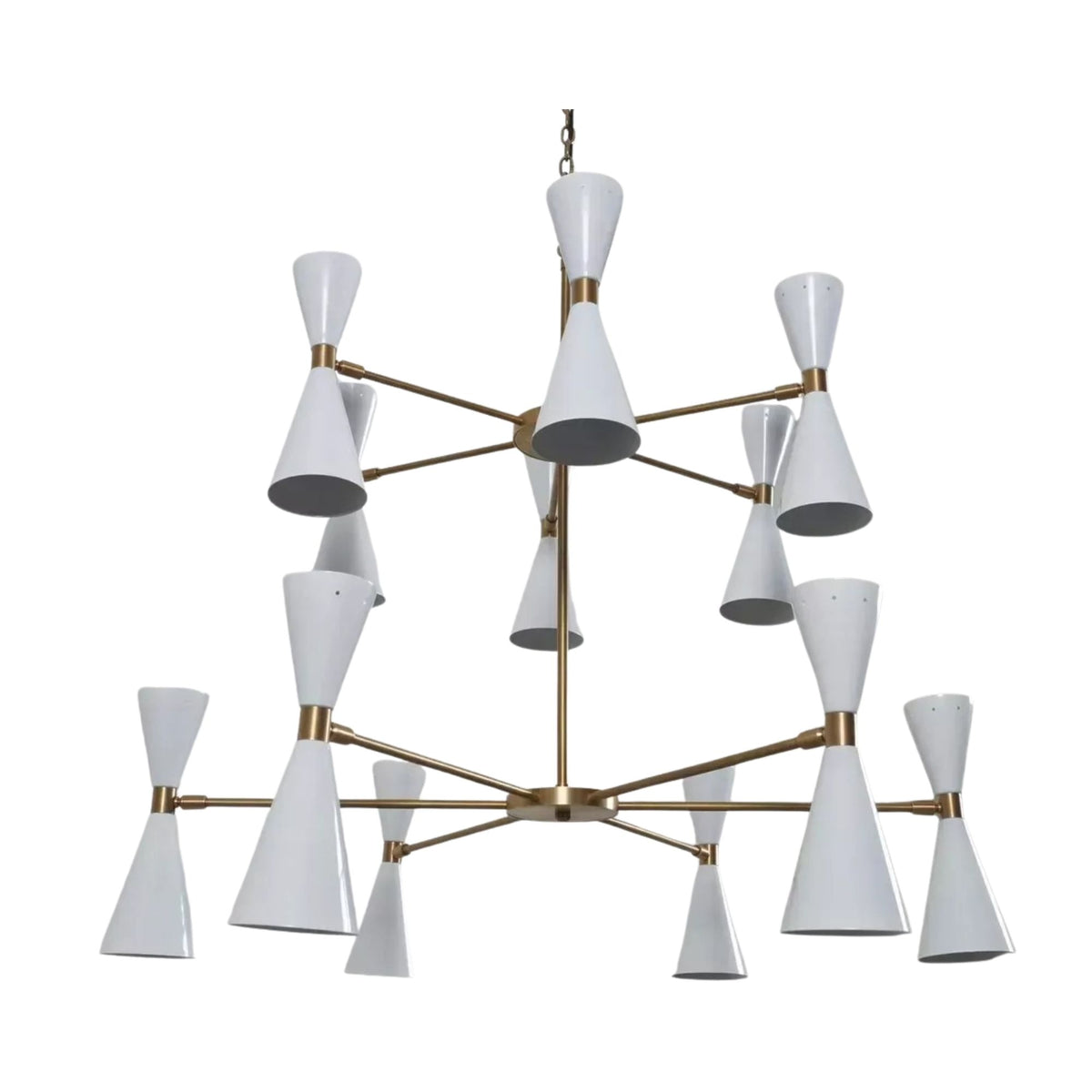 Auckland 24 light Mid-Century Modern chandelier shown in a closer view highlighting white double-cone shades and brass-tone multi-arm construction.