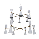 Auckland 24 light Mid-Century Modern chandelier shown in a closer view highlighting white double-cone shades and brass-tone multi-arm construction.