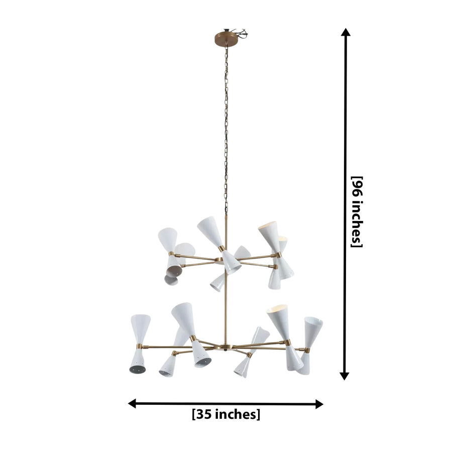 Auckland 24 light chandelier shown illuminated with white double-cone shades and a sculptural two-tier brass-tone frame.