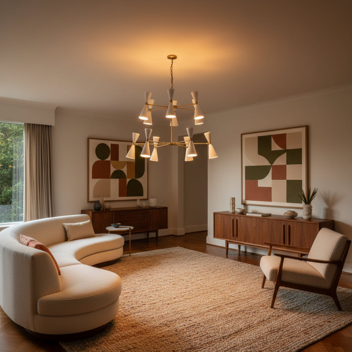 Auckland 24 light chandelier shown illuminated with white double-cone shades and a sculptural two-tier brass-tone frame.