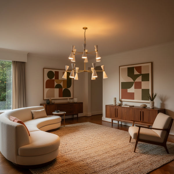 Auckland 24 light chandelier shown illuminated with white double-cone shades and a sculptural two-tier brass-tone frame.