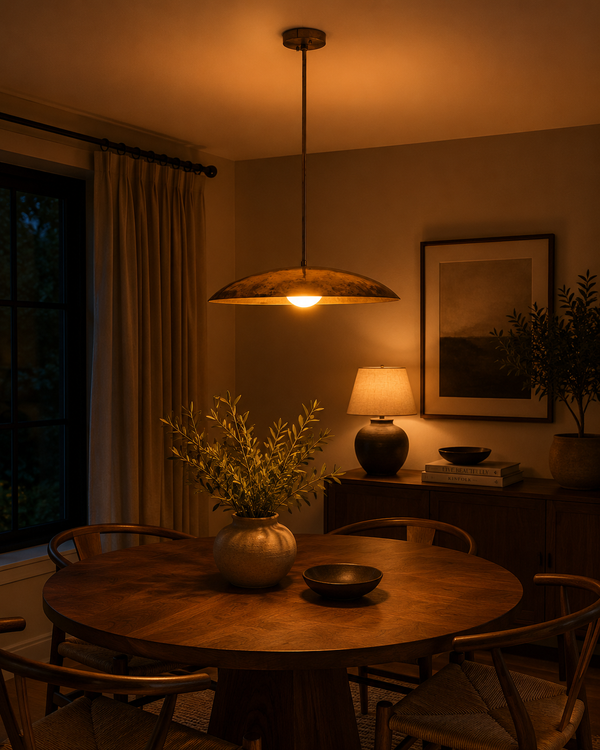 Aurelia Globe Saucer Pendant Light installed above a round dining table in a warm modern interior.