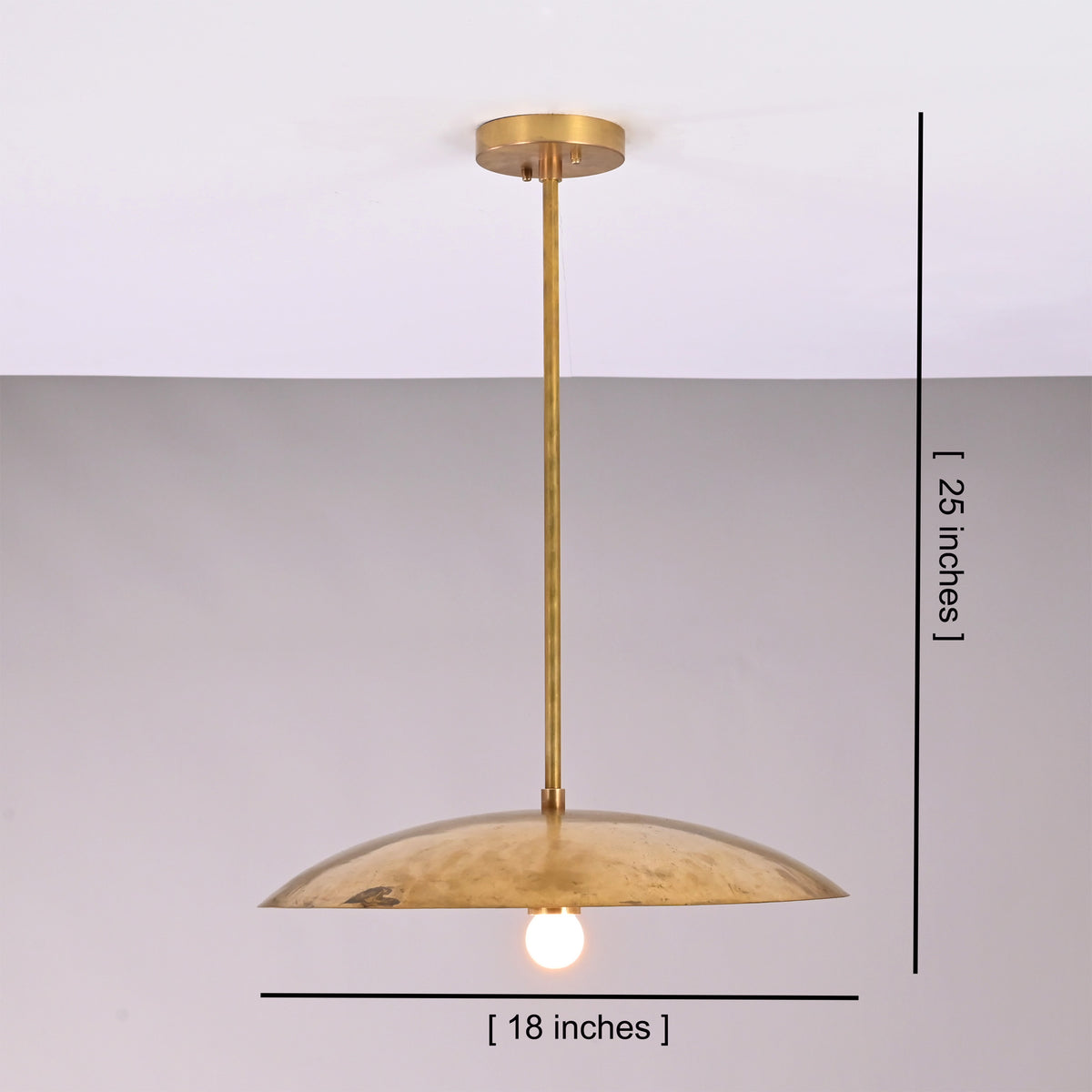 Aurelia Petite Saucer Pendant Light shown with 18 inch width and 25 inch overall height dimensions.