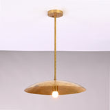 Front view of Aurelia Petite Saucer Pendant Light with slim downrod and softly glowing single bulb.