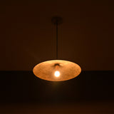 Aurelia Petite Saucer Pendant Light glowing in a dark setting with warm focused downward illumination.