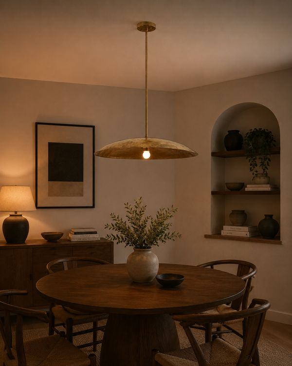Aurelia Saucer Pendant Light installed above a round dining table in a warm modern interior.