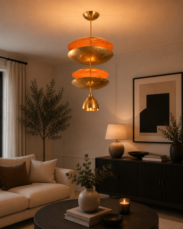 Aurelia Tiered Disc Chandelier installed in living room with warm lighting, sofa, artwork, and elegant décor.