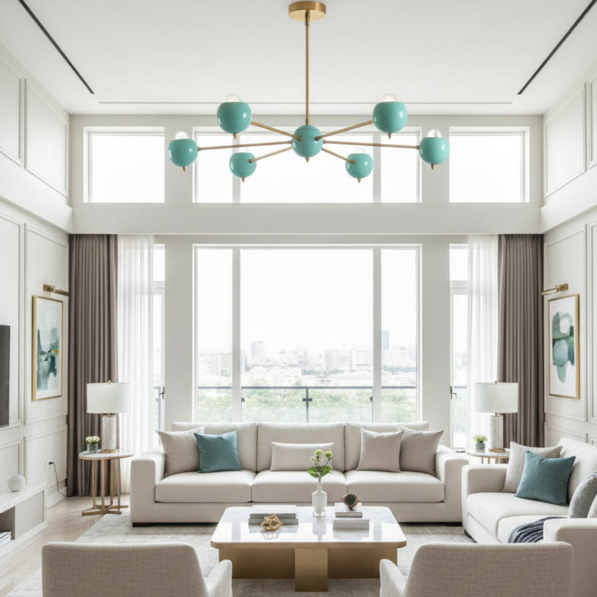 Angled view of Aurora 6 light Sputnik chandelier with turquoise globe shades and radial brass arms