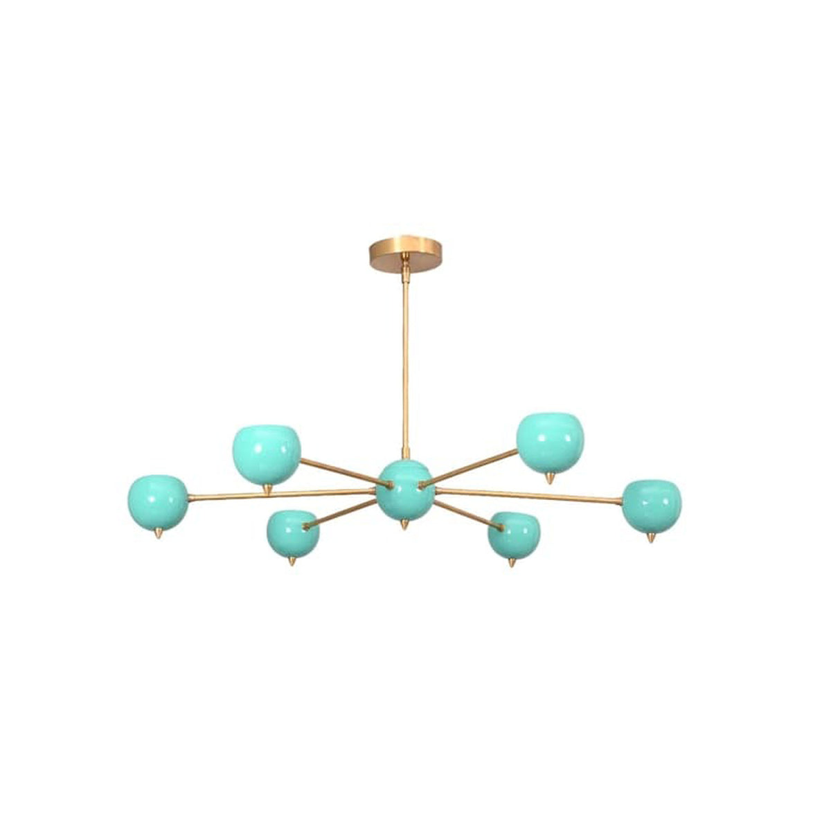 Full view of Aurora 6 light globe chandelier with turquoise shades, brass radial frame and round ceiling canopy