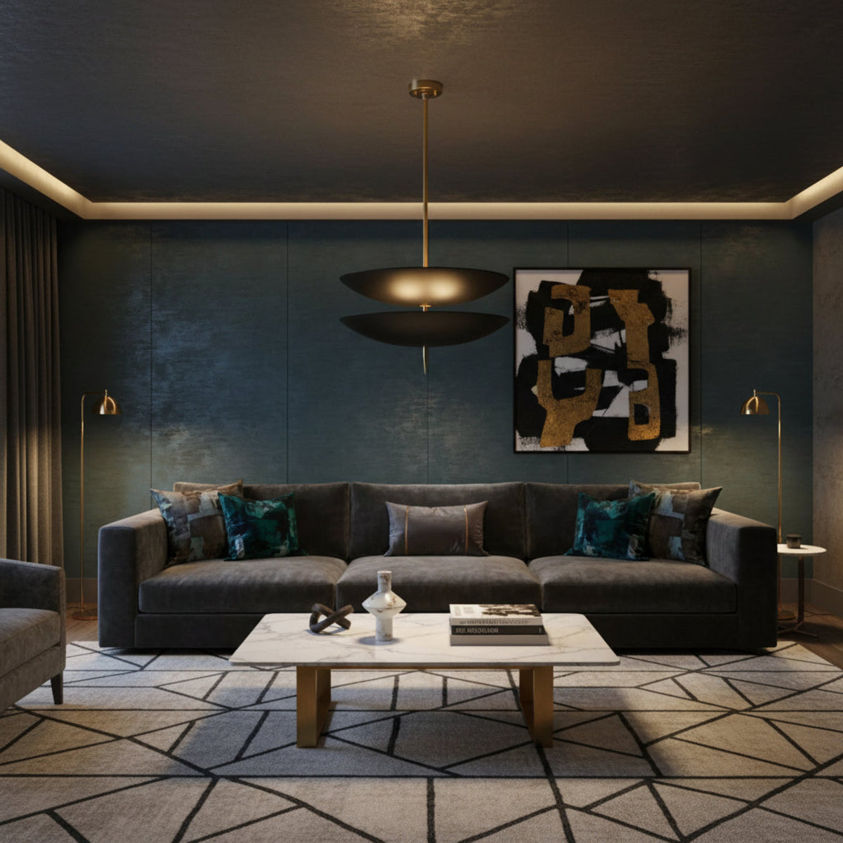 Aurora double bowl pendant chandelier with black metal shades and brass hanging rod, 22 inch wide, Model 62013