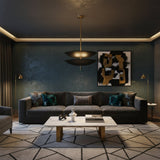 Aurora double bowl pendant chandelier with black metal shades and brass hanging rod, 22 inch wide, Model 62013