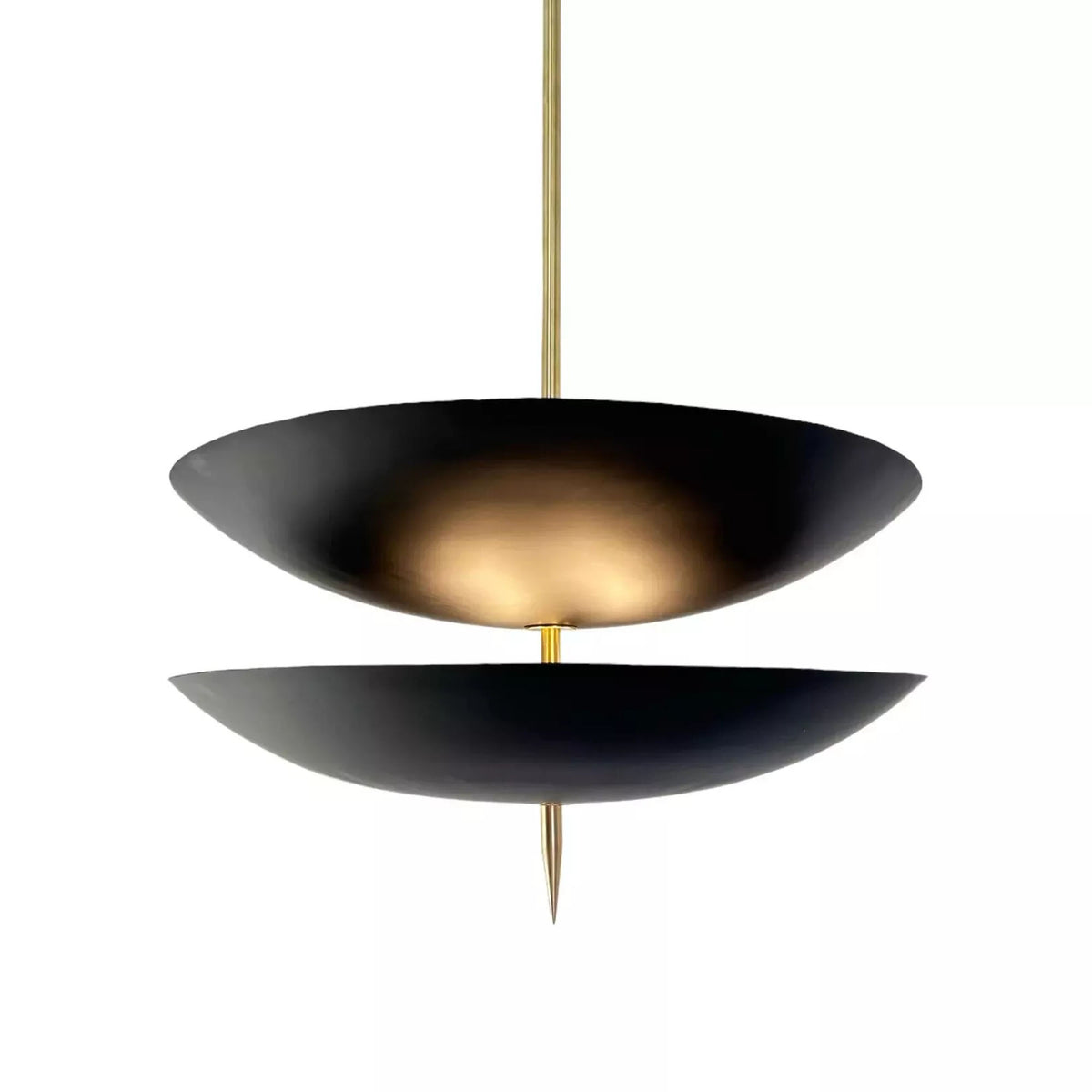 Aurora 6 light double bowl pendant chandelier with black shades, brass accents and warm illuminated glow, Model 62013