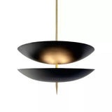 Aurora 6 light double bowl pendant chandelier with black shades, brass accents and warm illuminated glow, Model 62013