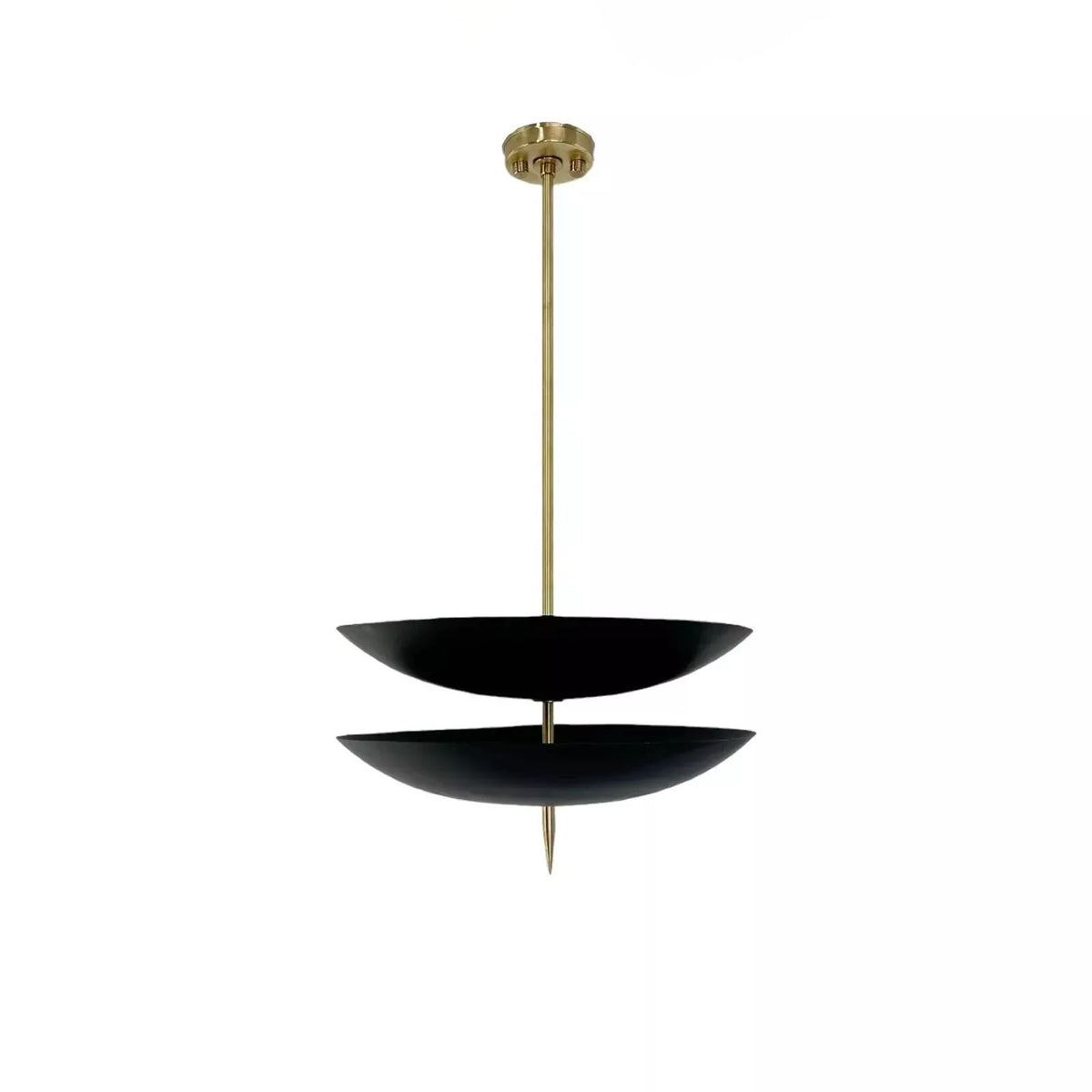 Aurora 6 light double bowl pendant chandelier featuring layered black shades and brass suspension rod, Model 62013