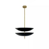 Aurora 6 light double bowl pendant chandelier featuring layered black shades and brass suspension rod, Model 62013