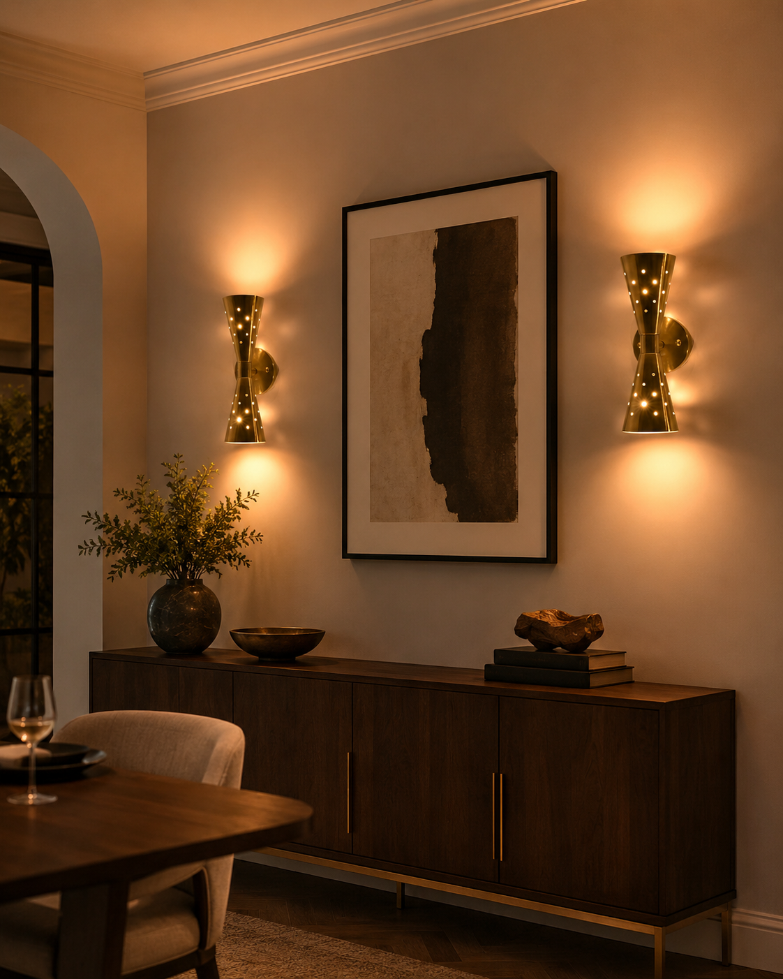 Aurora Modern Perforated Double Cone Wall Sconces installed on a dining room wall, providing warm decorative ambient lighting with artistic light patterns.